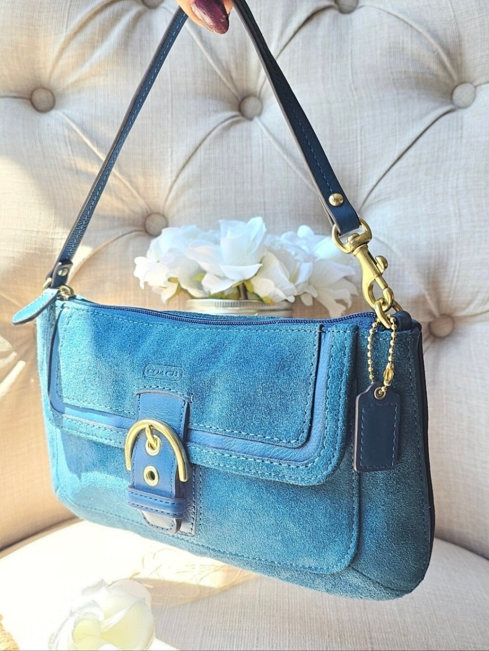 Vintage Coach Suade Mini Demi Buckle Shoulder Bag Purse ( Teal / Turquoise )